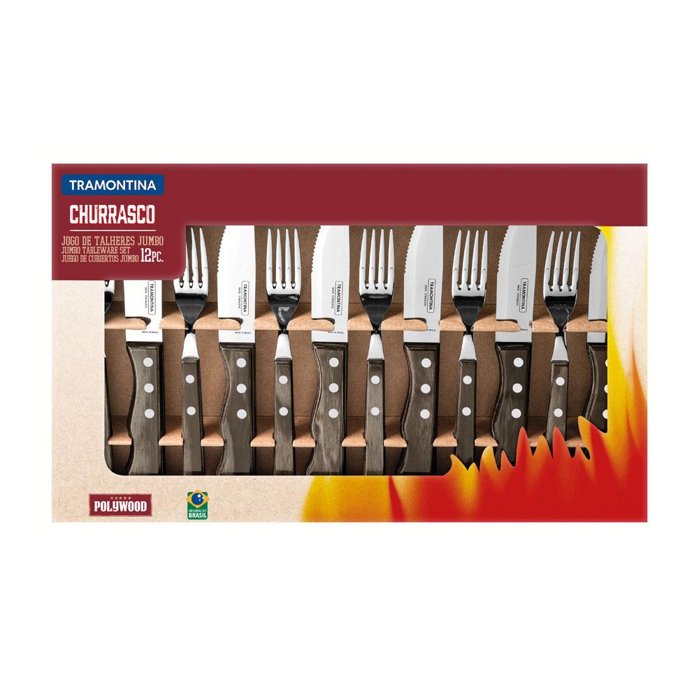 Jogo de Talheres Para Churrasco Jumbo Em Aço Inox Com Cabo Castanho Polywood 12 Peças - Tramontina 21199996