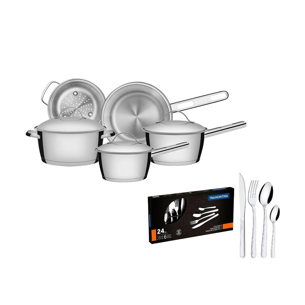 Kit Jogo de Panelas Allegra 5 Pçs Inox + Faqueiro Inox Buzios 24pçs - Tramontina