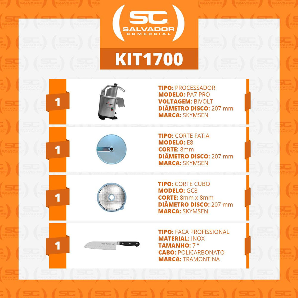 Kit Processador De Alimentos Corte 8mm e Cubos 8mm PA7 PRO Bivolt Skymsen + Faca Santoku Profissional