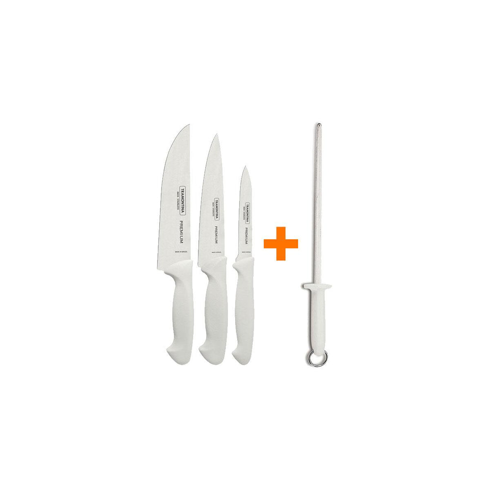 Kit Jogo de Facas Premium 3 Peças + 1 Chaira Estriada 10 Pol Profissional - Tramontina