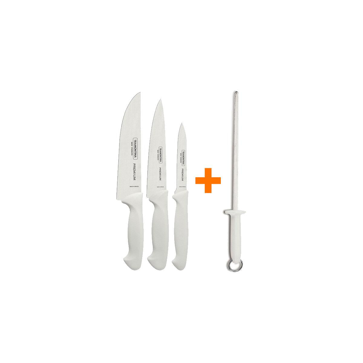 Kit - Jogo de Facas Premium 3 Peças + 1 Chaira Estriada 10 Pol Profissional - Tramontina