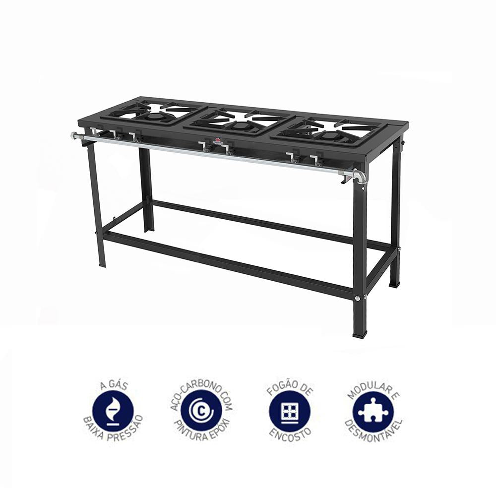 Fogão Industrial modular a gás GLP 3 queimadores duplos aço carbono baixa pressão PMD 300NF Progás;