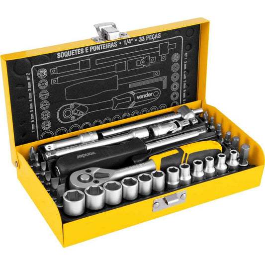 Jogo de Soquetes e Ponteiras Com Encaixe de 1/4"" 4mm a 13mm Com 33 Peças - Vonder 3029014033