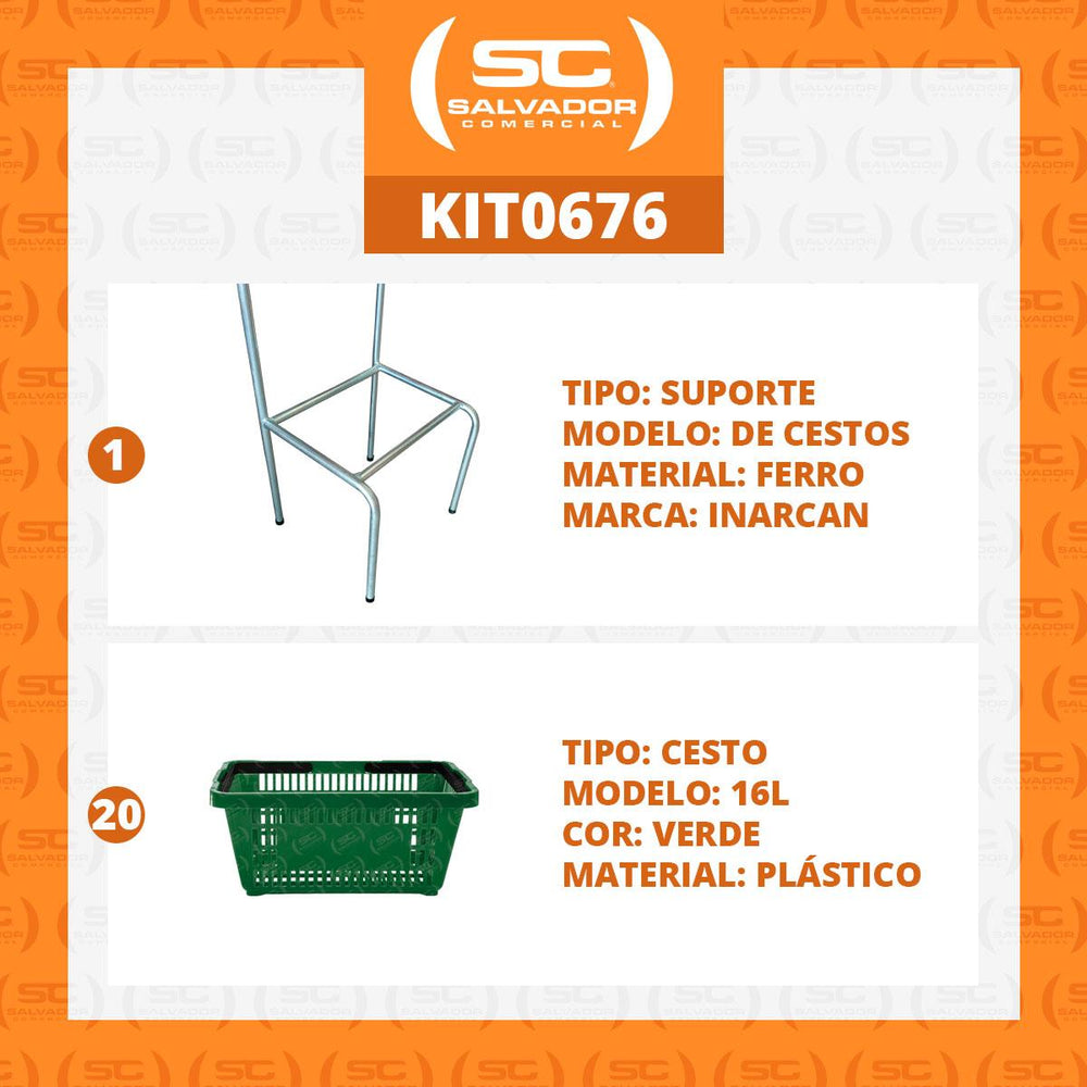 Kit Suporte Para Cestos De Compras Simples + 20 Cestos D100 Verde