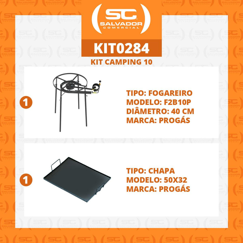 KIT Camping 10 - Fogareiro Fogão F2B10P Redondo 40cm Duplo de Pé + Chapa Bifeteira 50cm - Progás