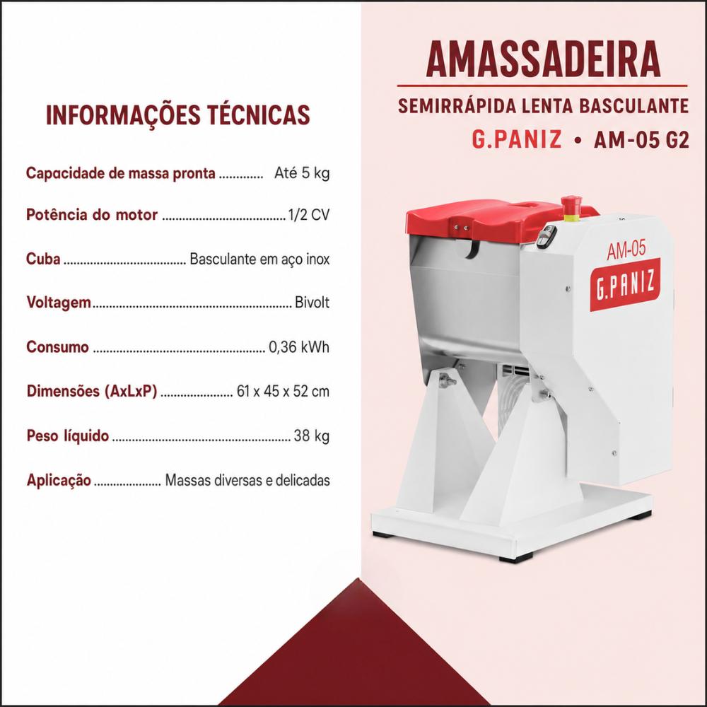 Amassadeira Semirrápida Lenta Basculante Até 5kg Profissional AM 05 G2 Bivolt - Gpaniz