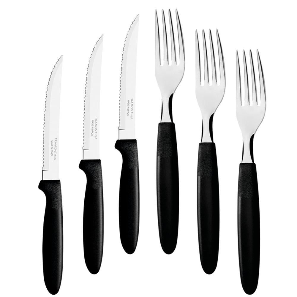 KIT - Jogo de Faca e Garfo Ipanema 72 Peças em Aço Inox Cabo Preto PTOP - Tramontina