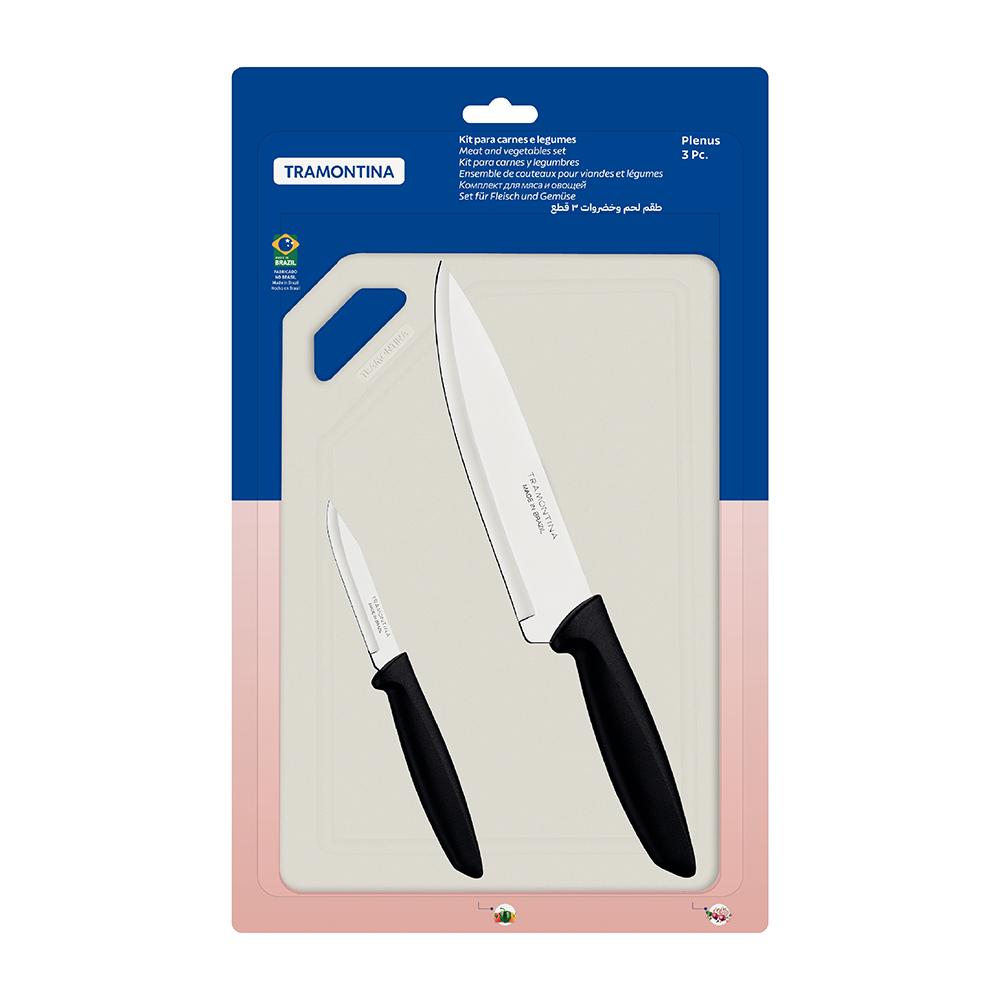 Kit Para Carnes e Legumes Plenus Lâminas Inox Cabos Preto e Tábua 3 Peças - Tramontina 23498014