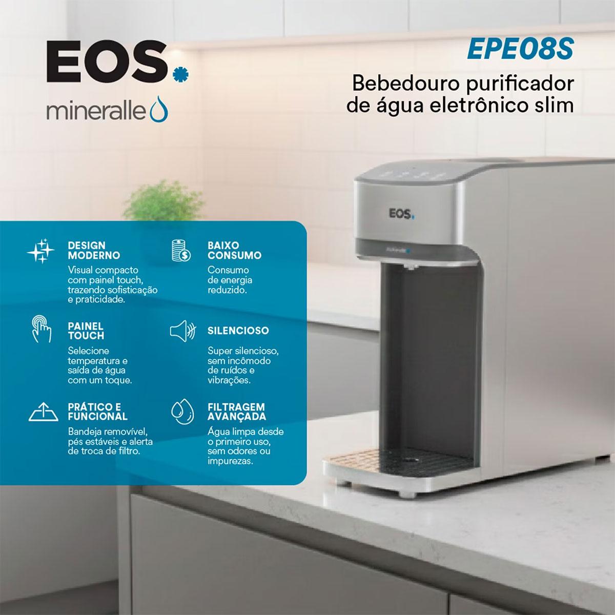 Bebedouro Purificador de Água Mineralle Slim Touch Eletrônico Prata Epe08s Bivolt - Eos B209332