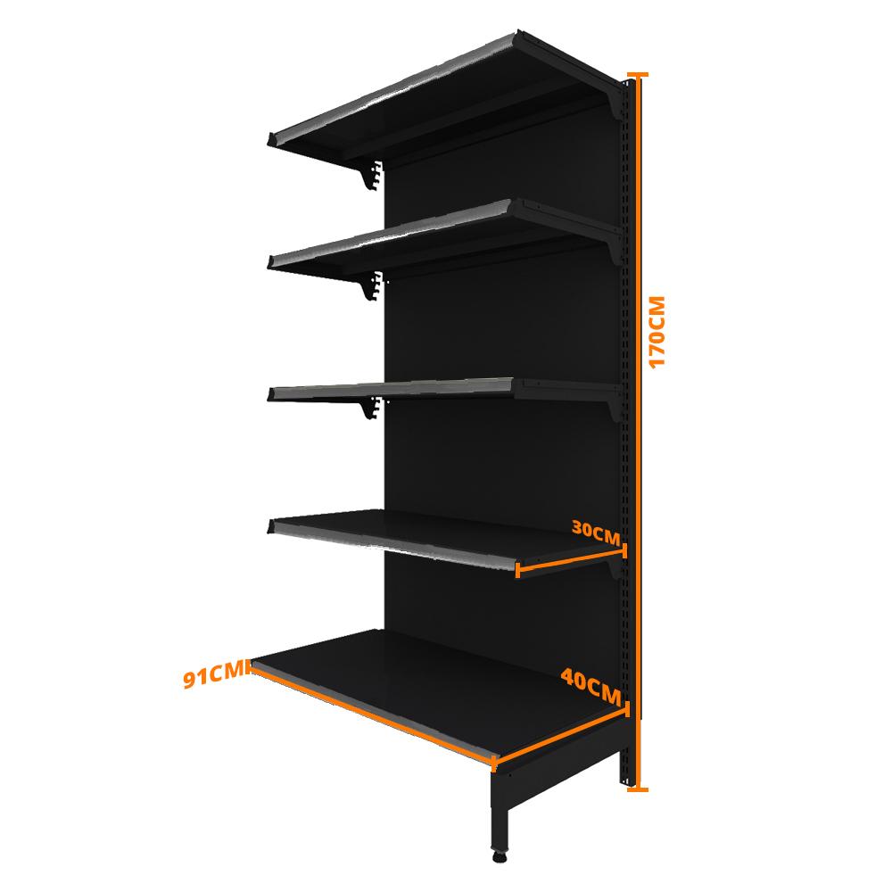 Gôndola Prateleira Preta New Plus 1,70 Parede Continuação GPC - Sa Gôndolas Porta Etiquetas Cinza