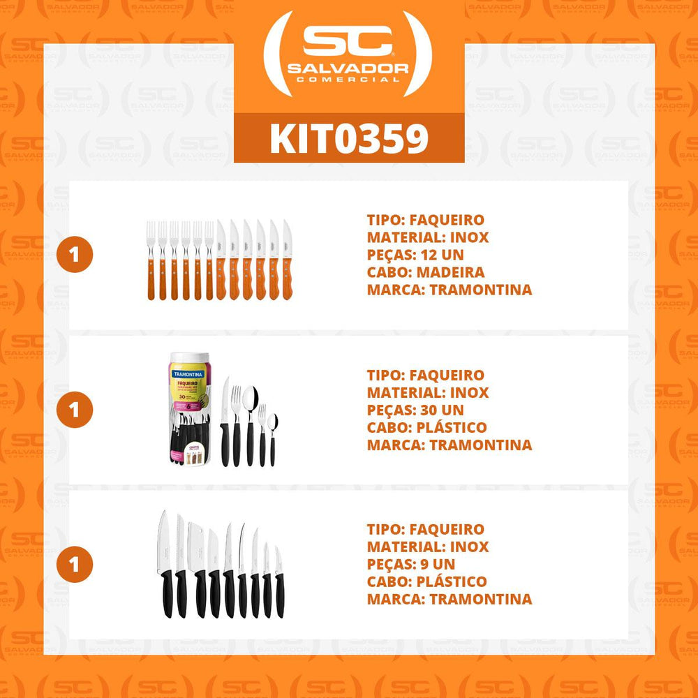 Kit - Jogo de Churrasco Inox 12 Peças + 1 Faqueiro 30pç + 1 Conjunto Facas 9pç - Tramontina