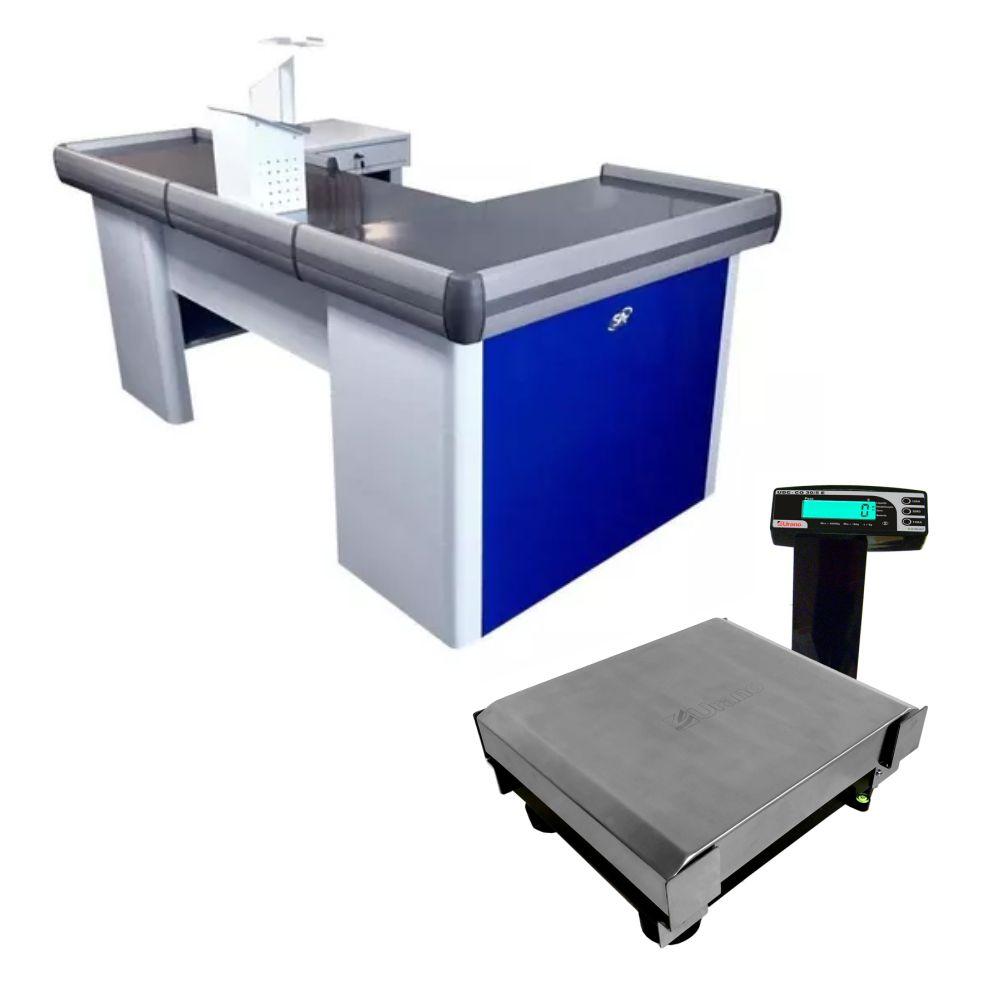 Kit Caixa De Supermercado Empacotador Check-Out Azul 2,00m + Balança Bivolt 30kg Urano