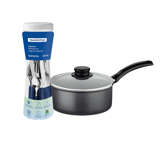 Panela Turim Alumínio Chumbo Antiaderente 1,4L PTC + Faqueiro Ipanema Azul 24pc - Tramontina