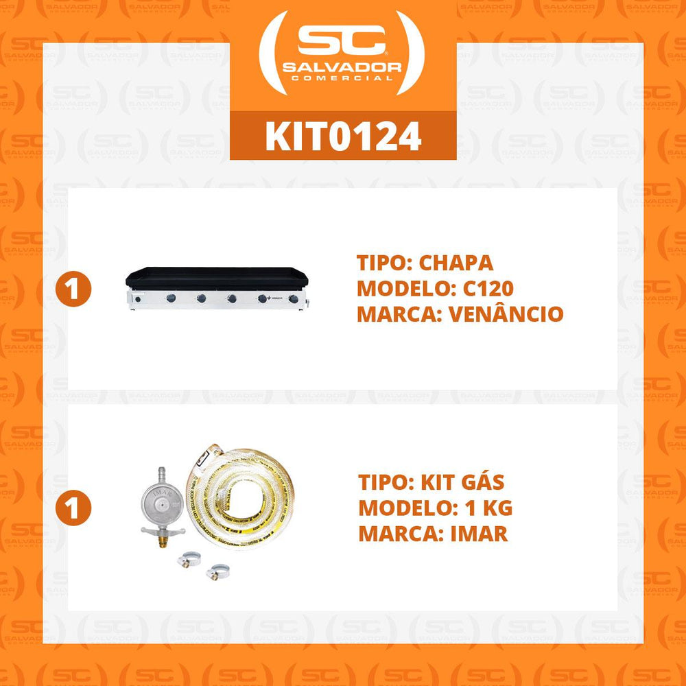 Kit - Chapa Bifeteira A Gás Lisa 120cm Comercial Aço Carbono C120 6,35mm + Kit Gás - Venâncio