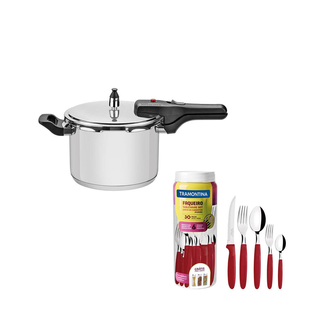 Kit Panela de Pressão Inox 4,5l Brava + Faqueiro 30pçs Vermelho - Tramontina