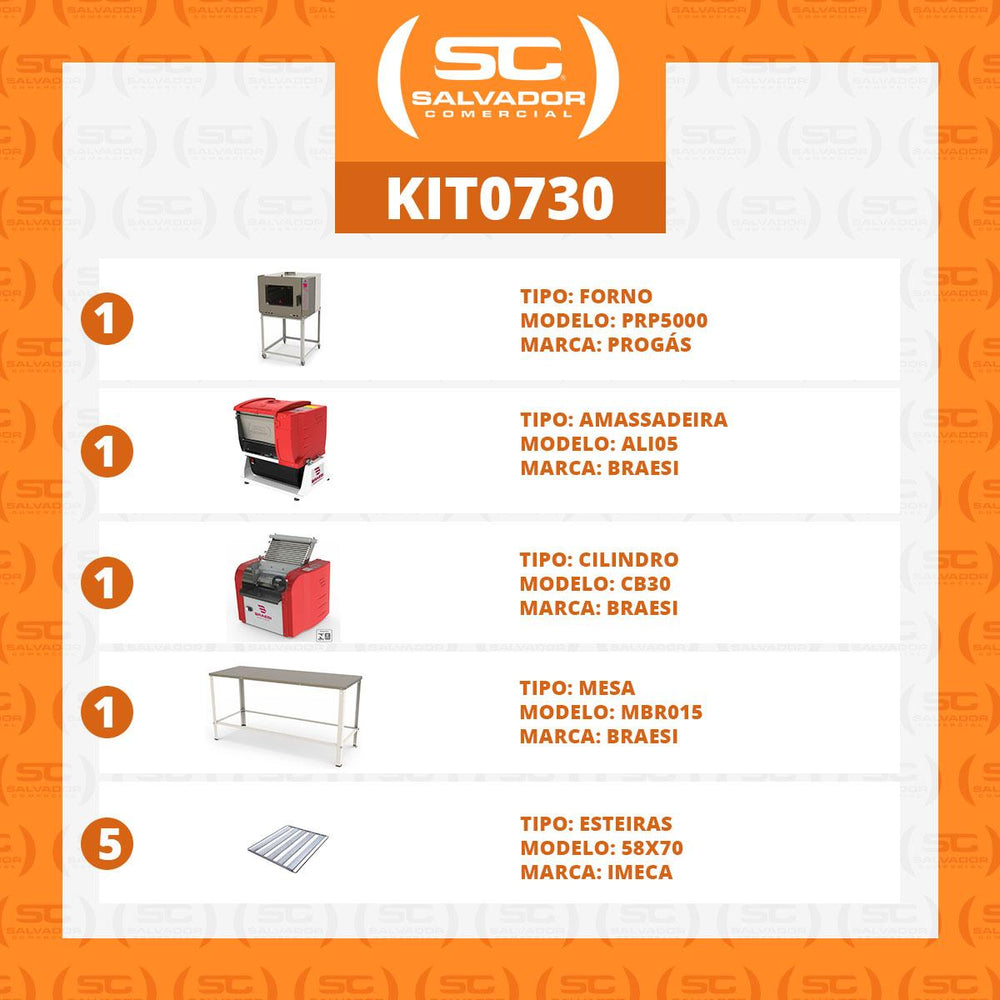 Kit Padaria - Forno Prp5000 + 5 Esteiras + Mesa Mbr015 + Amassadeira Ali05 + Cilindro Cb30 - Bivolt