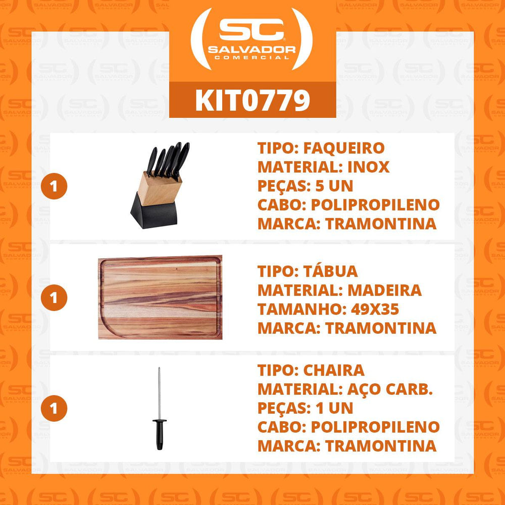 Kit Faqueiro Plenus 6 Peças + Tábua Para Churrasco 49x35 + Chaira 8 Pol - Tramontina