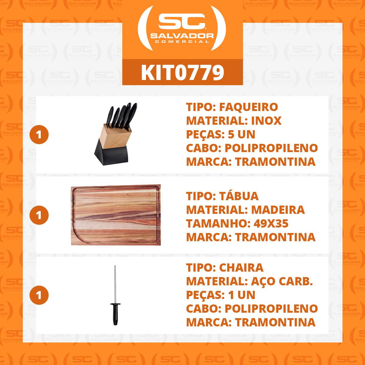 Kit - Faqueiro Plenus 6 Peças + Tábua Para Churrasco 49x35 + Chaira 8 Pol - Tramontina