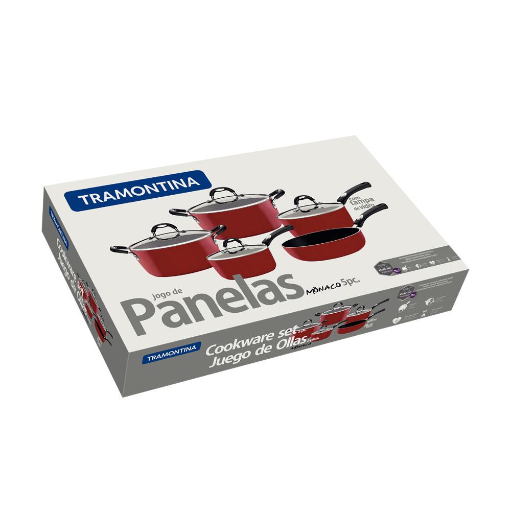 Jogo de Panelas Mônaco Em Alumínio Revestimento Antiaderente Starflon Vermelho 5 Peças - Tramontina 20899750
