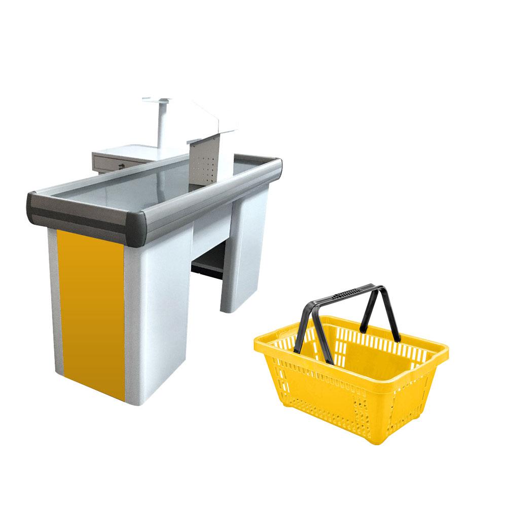 Kit Caixa De Supermercado Empacotador Check-Out 1,50m Recorte + 5 Cestos De Compras Amarelo