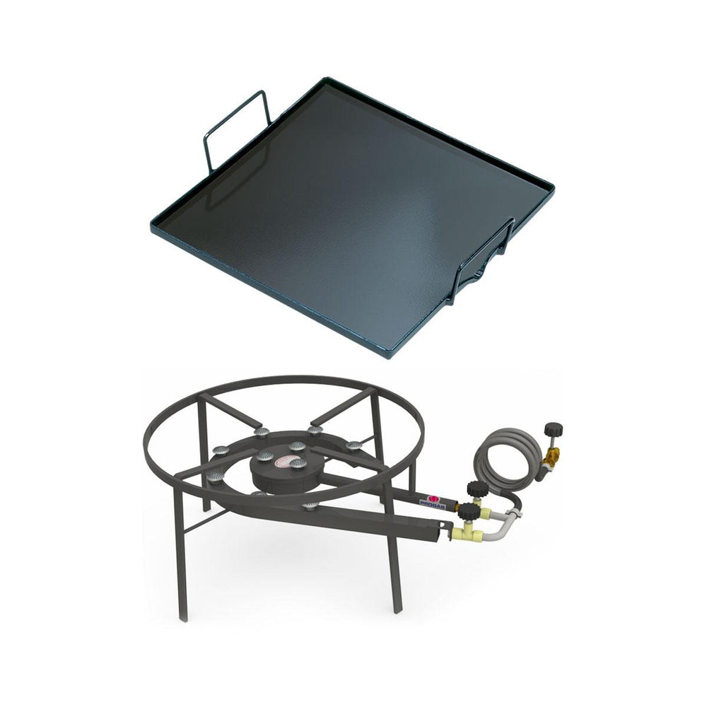 Kit Camping 6 - Fogareiro Fogão F2B10 Redondo 40cm Duplo de Mesa + Chapa Bifeteira 32cm – Progás