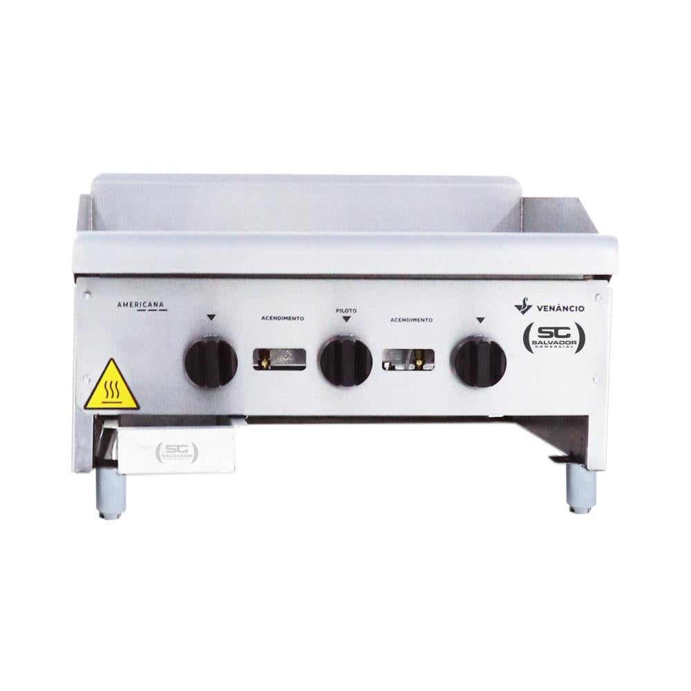 Chapa Americana Profissional 60cm a Gás 18mm Lisa Inox Com Pé CGP60 e Conjunto de Espátulas - Venâncio