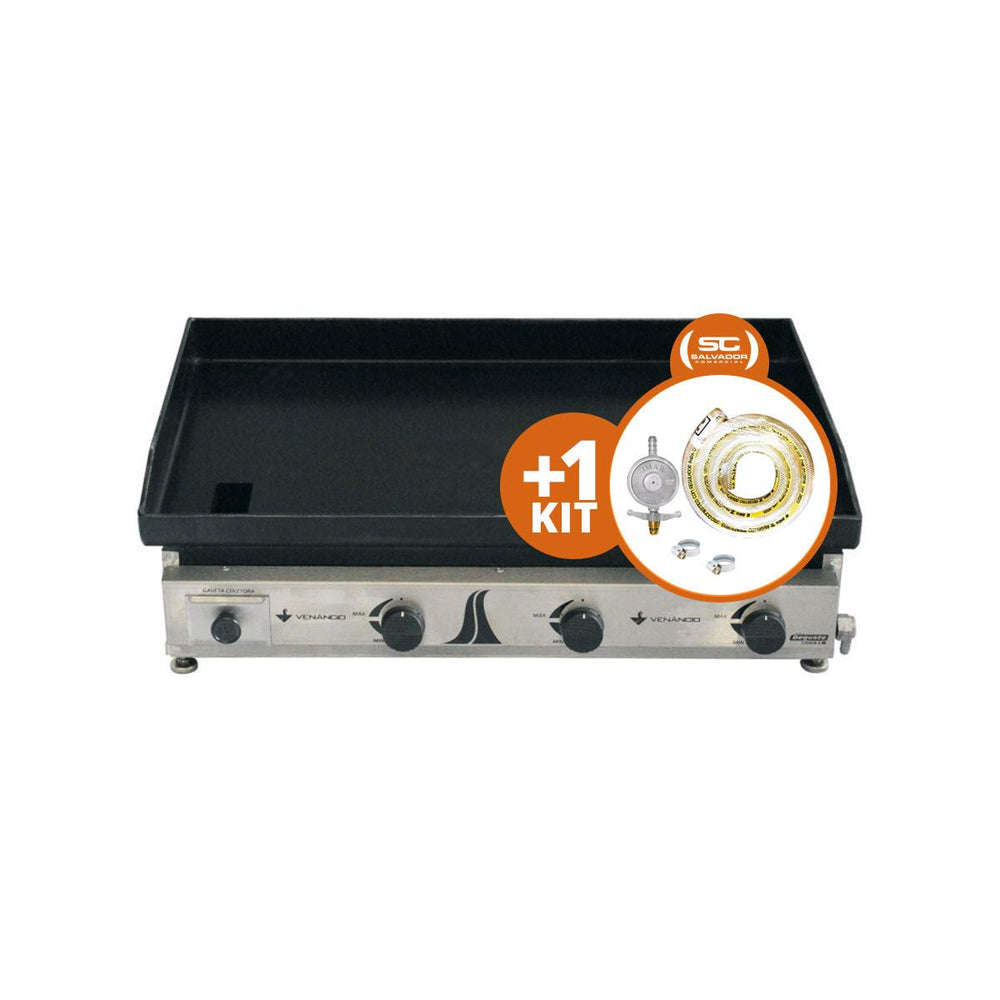 Kit - Chapa Bifeteira A Gás Lisa 80cm Comercial Aço Carbono C80 6,35mm + Kit Gás - Venâncio