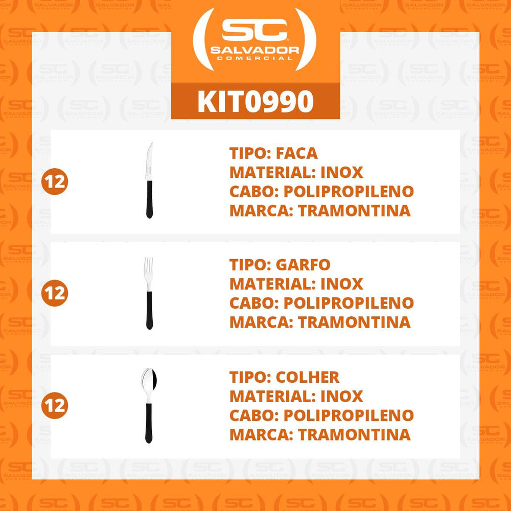 KIT - Jogo de Facas, Garfos e Colheres Leme 36 Peças em Aço Inox Cabo Preto PBAG - Tramontina