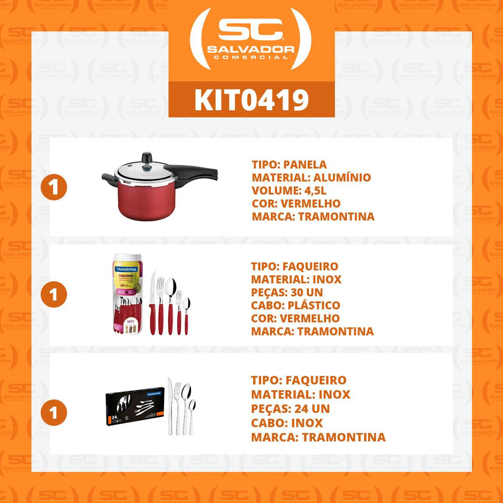 Kit Panela de Pressão 4,5 Vermelha + 1 Faqueiro Vermelho 30pç + 1 Faqueiro Inox 24pç - Tramontina