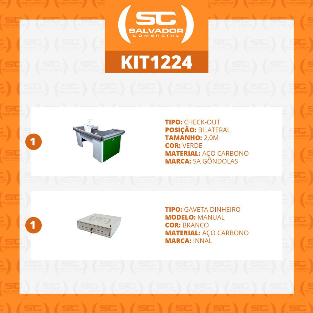 Kit Caixa De Supermercado Empacotador Check-Out 2,00m Recorte + Caixa Dinheiro Manual Verde