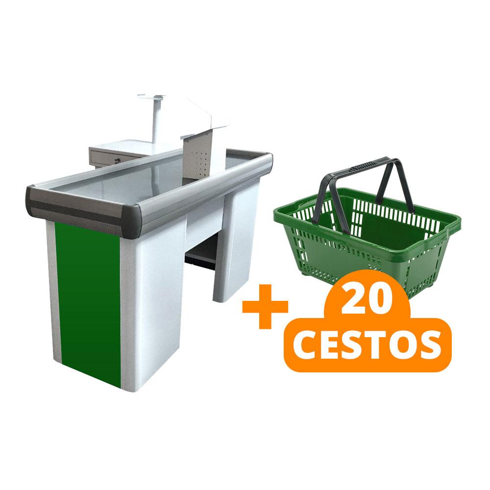 Kit Caixa De Supermercado Empacotador Check-Out 1,50m Recorte + 20 Cestos De Compras Verde