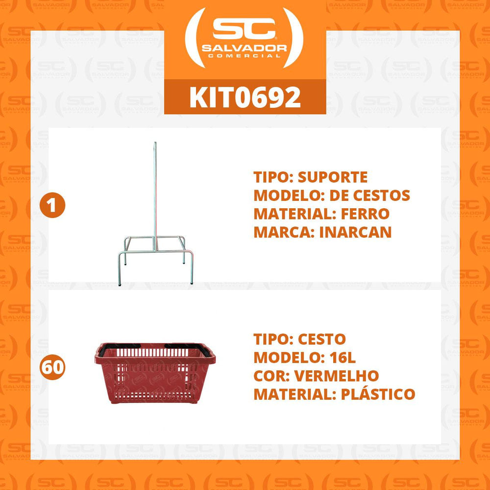 Kit Suporte Para Cestos De Compras Duplo + 60 Cestos D100 Vermelho