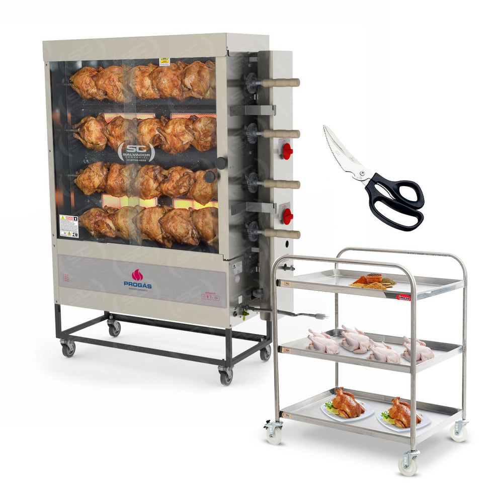 Assador de Frango Rotativo Profissional a Gás 4 Espetos Infravermelho Pr-621 Progás + Tesoura Tramontina + Carrinho Inox Imeca