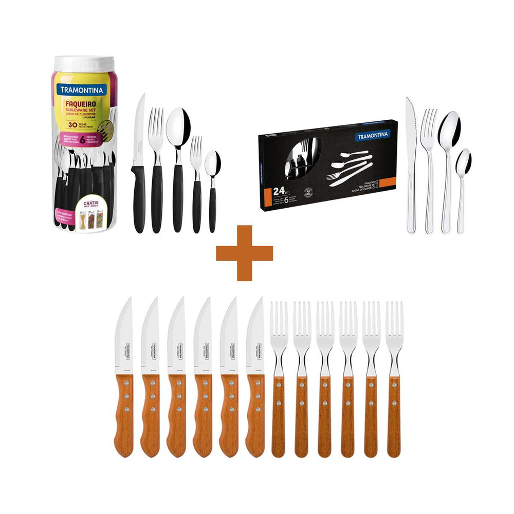 Kit Jogo de Churrasco Inox 12 Peças + 1 Faqueiro 30pç + 1 Faqueiro Inox 24pç - Tramontina