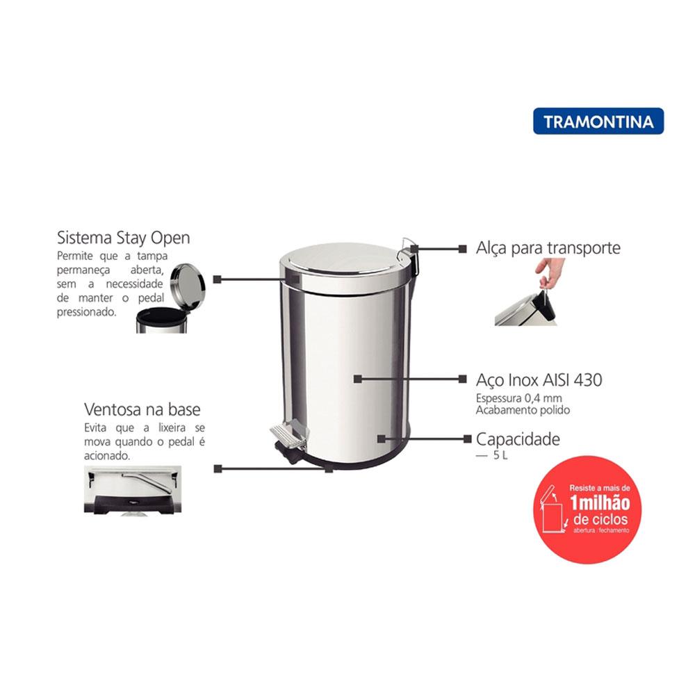 Lixeira Aço Inox Polido Prime Brasil com Pedal 5 Litros Balde Interno - Tramontina 94538105
