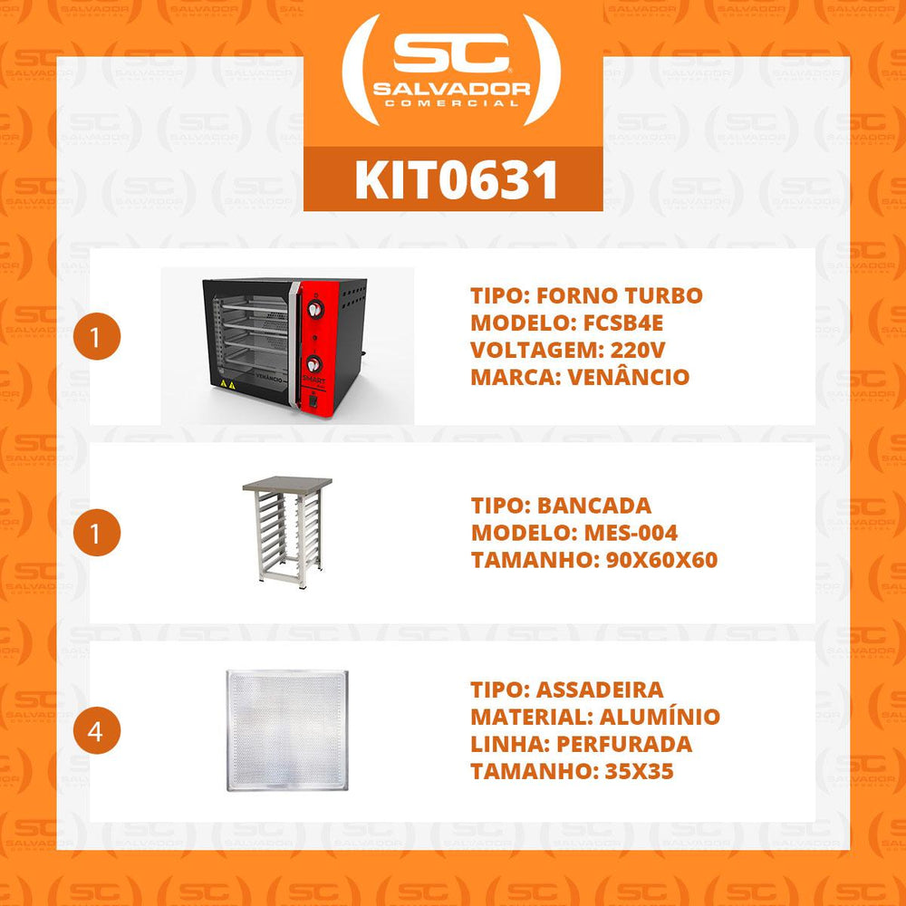 Kit Forno Turbo Convector Smart Basic. Preto e Vermelho FCSB4E 220V + Bancada MES-004 + 4 Assadeiras - Venâncio