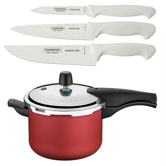 Kit - Faqueiro Premium 3 Peças + Panela de Pressão 4,5 Vancouver Vermelho - Tramontina