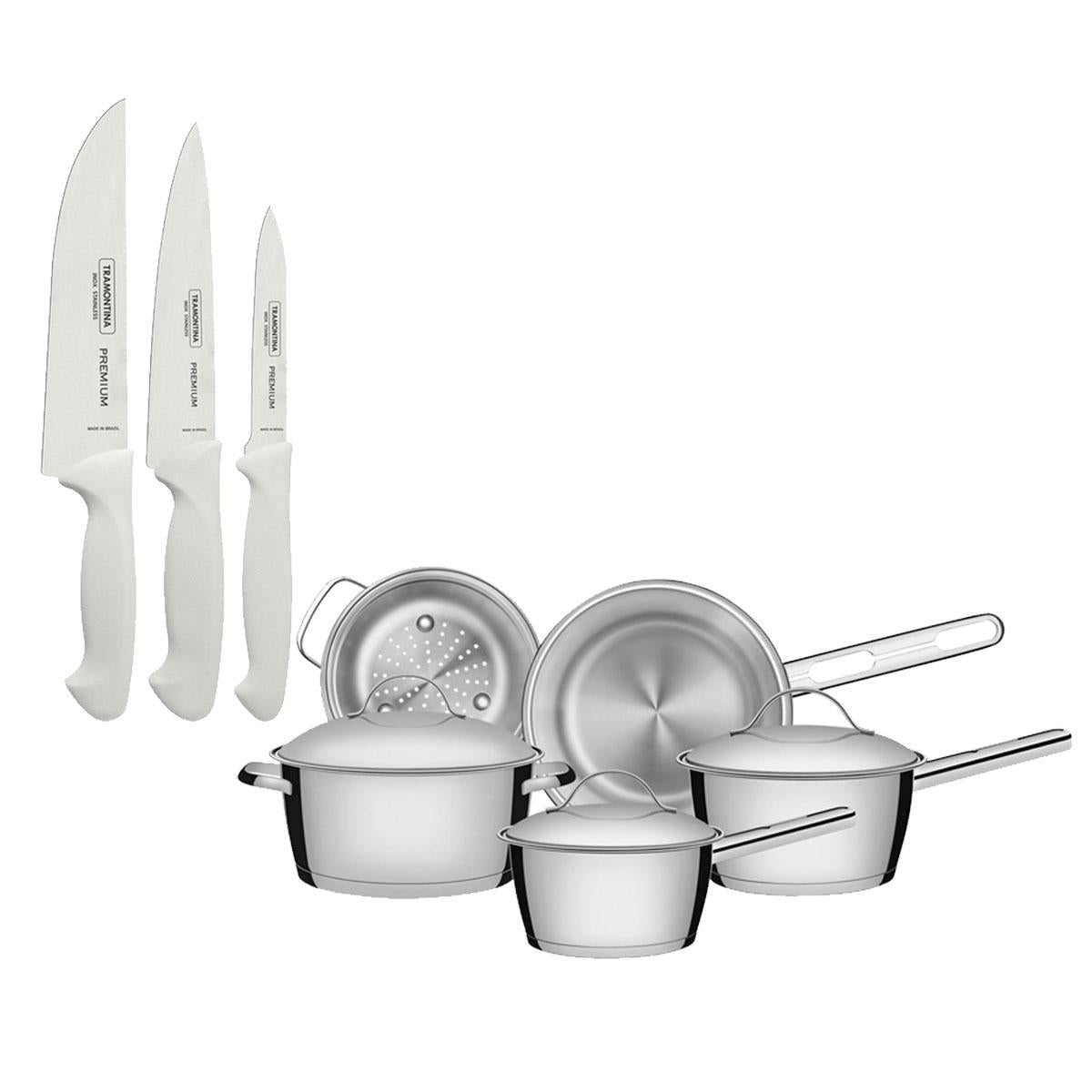 Kit - Faqueiro Premium 3 Pecas + 1 Jogo de Panelas Inox Allegra 5 Pecas - Tramontina