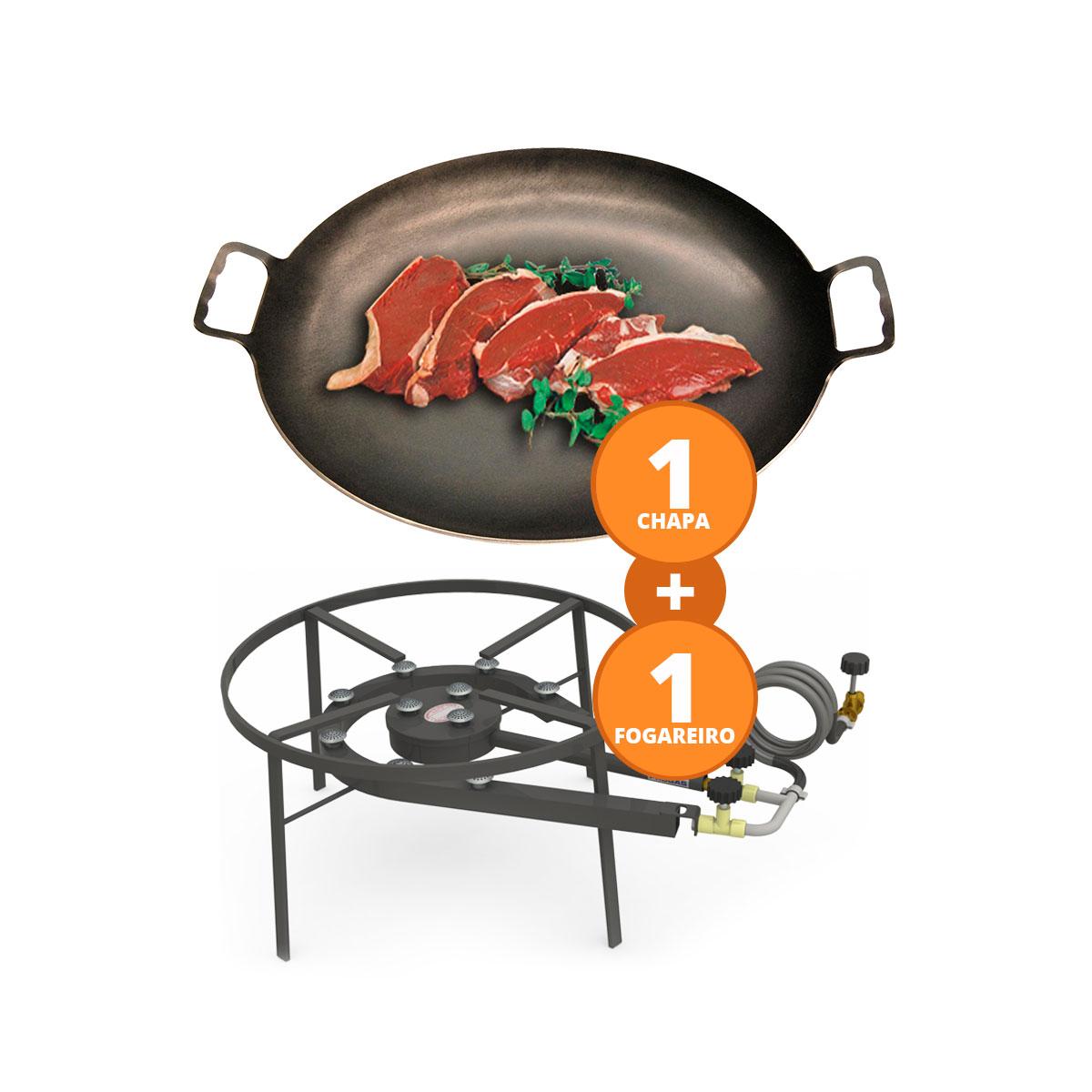 Kit Camping 5 - Fogareiro Fogão F2B10 Redondo 40cm Duplo de Mesa + Chapa Campeira 45cm - Progás