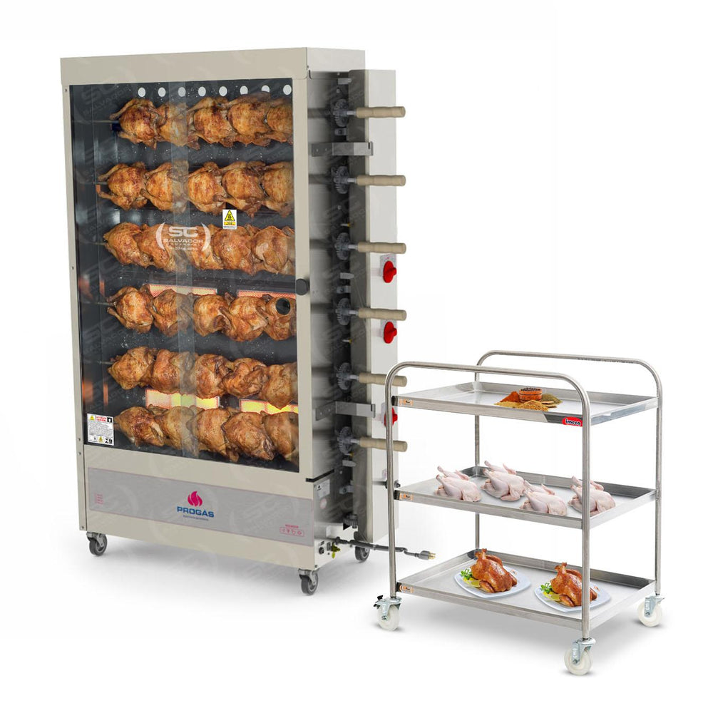 Assador de Frango Rotativo Profissional a Gás 6 Espetos Infravermelho PR-631 Bivolt Progás + Carrinho Inox Imeca