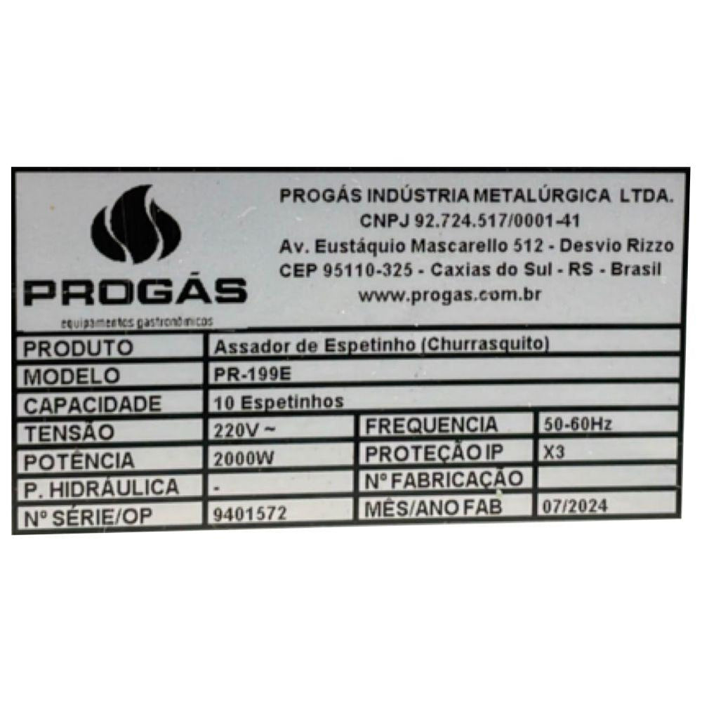 SEMINOVO - Assador Churrasquito 10 Espetinhos Doméstico Comercial  Aço Inox Elétr. PR-199E - Progás 220V