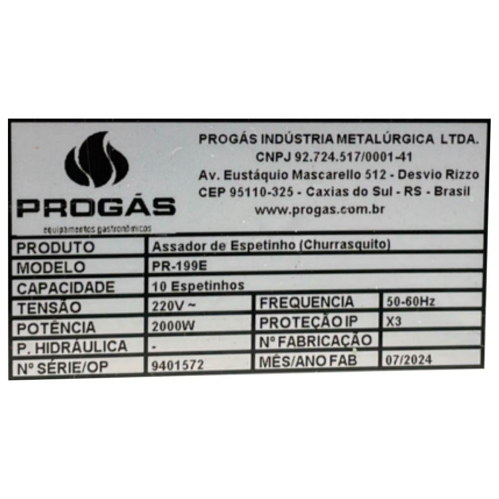 Semi - Assador Churrasquito 10 Espetinhos Doméstico Comercial  Aço Inox Elétr. Pr-199e - Progás 220v