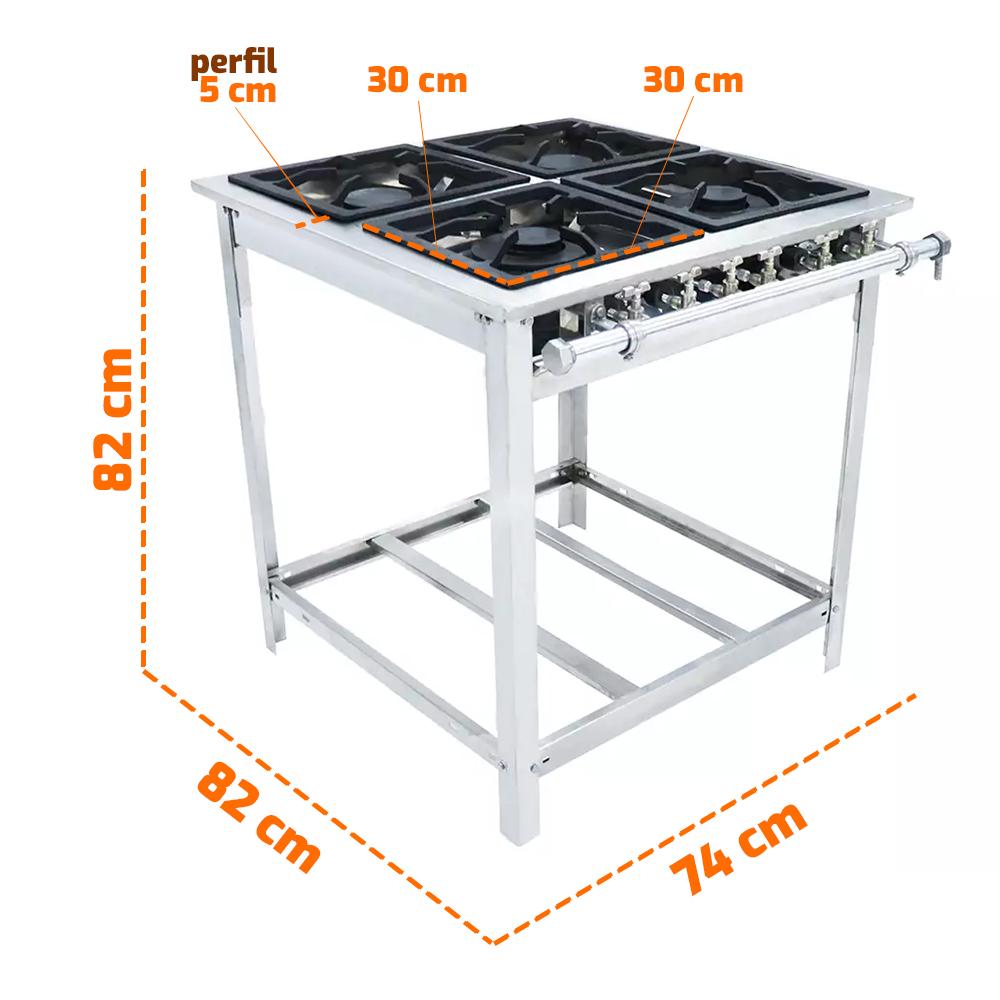 Fogão Industrial Extra Inox a Gás Baixa Pressão 4 Bocas 2 Duplas 30x30 Espera Ei4d2e - Venâncio