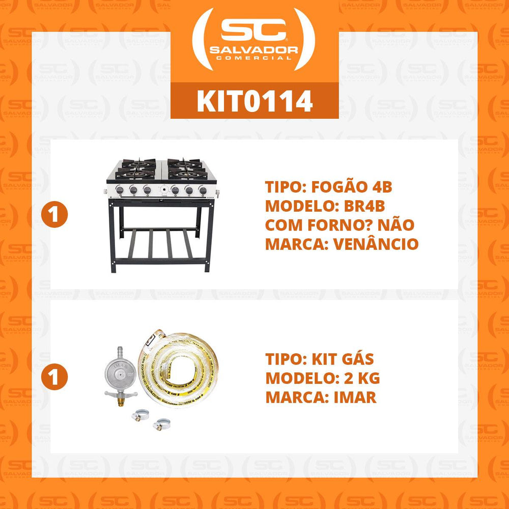 Kit Fogão Industrial 4 Bocas a Gás Baixa Pressão Bravo BR4B + Kit Gás 2kg - Venâncio