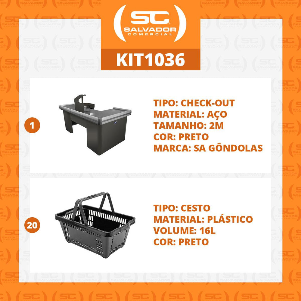Kit Caixa De Supermercado Empacotador Check-Out 2,00m Recorte + 20 Cestos De Compras Preto