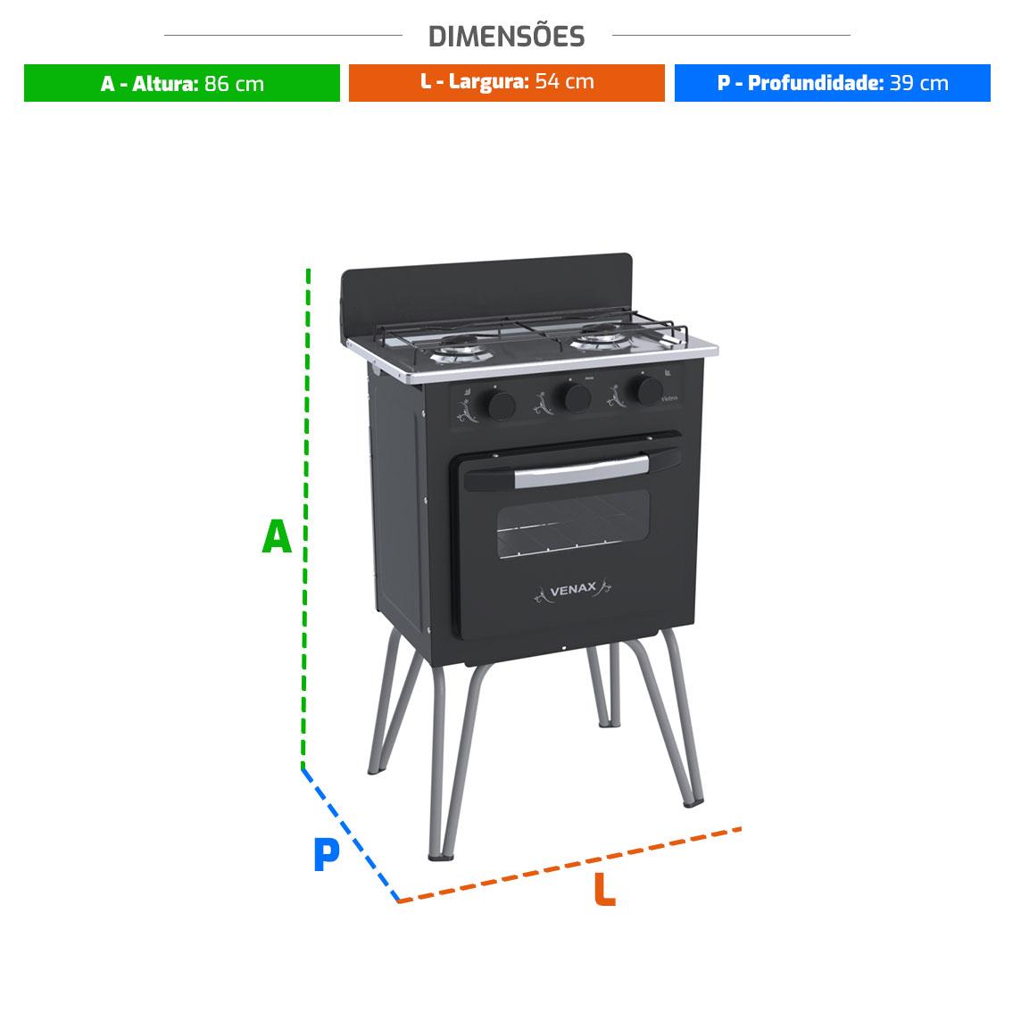 Fogão 2 Bocas Simples Gemini Vetro Preto Fosco Gás GLP Com Forno GMV200 - Venax 7509