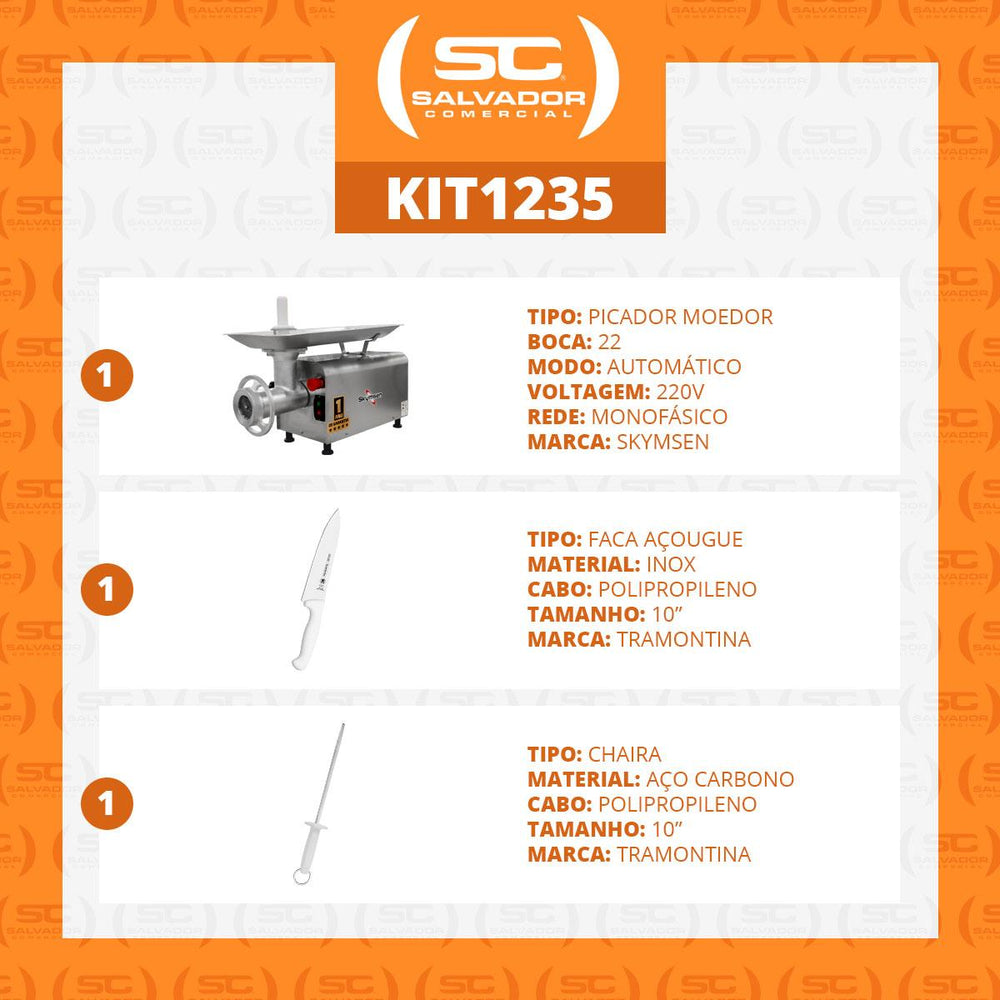 Picador Moedor de Carne Açougue Profissional 1,5 Cv Boca 22 PS-22m 220V Skymsen + Faca + Chaira