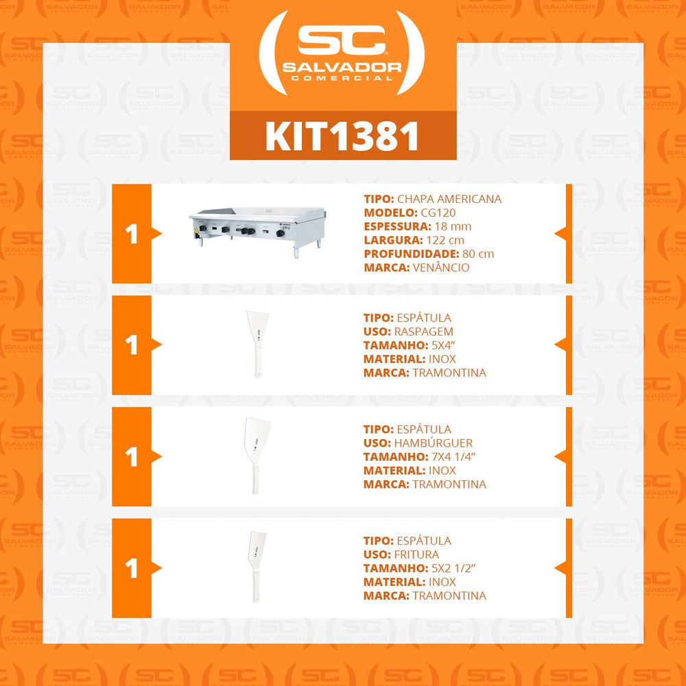 Chapa Americana Profissional 120cm a Gás 18mm Lisa Inox CG120 e Conjunto de Espátulas - Venâncio