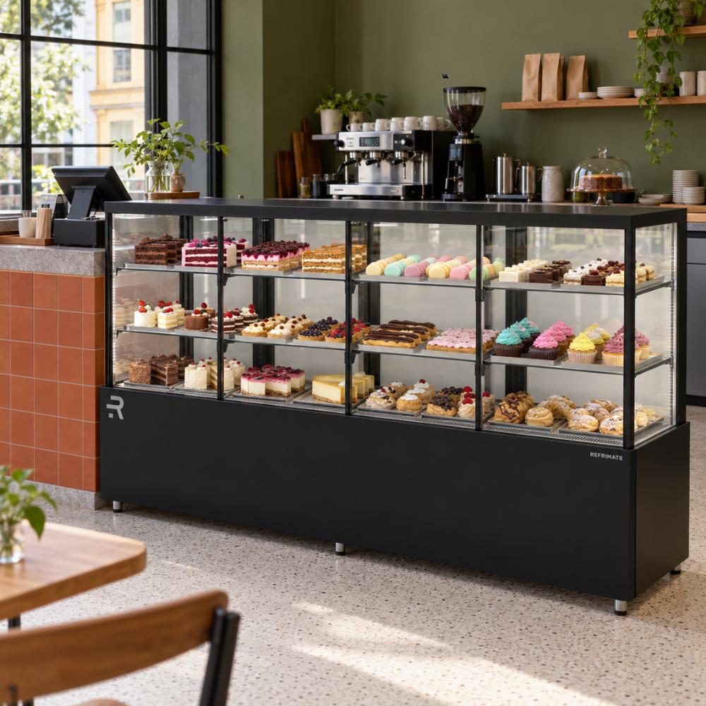 Vitrine refrigerada Refrimate CNVPR2050 ambientada em cafeteria, com bolos, macarons e cupcakes em exposição.
