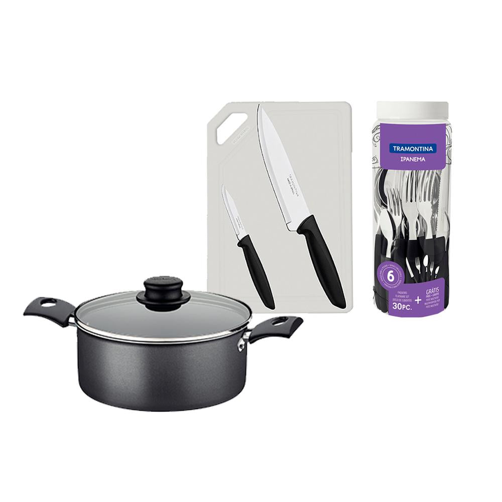Caçarola Turim Alumínio Chumbo Antiaderente 2,0l + Faqueiro Ipanema 30pc + Tábua e Facas - Tramontina